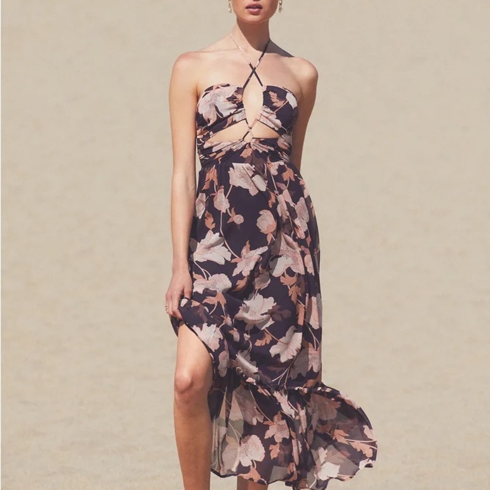 Lulu’s Blooming Elegance Purple Floral Cutout Halter Maxi Dress
